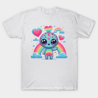 Cute alien with rainbow and hearts T-Shirt